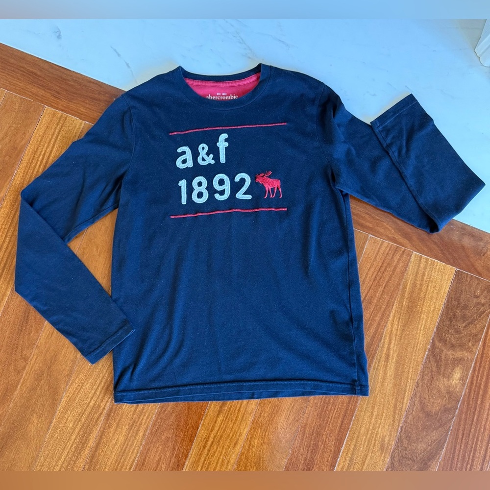 A&F Abercrombie kids Boys Tee Patch Logo Long Sleeve Shirt Navy Red White 15/16